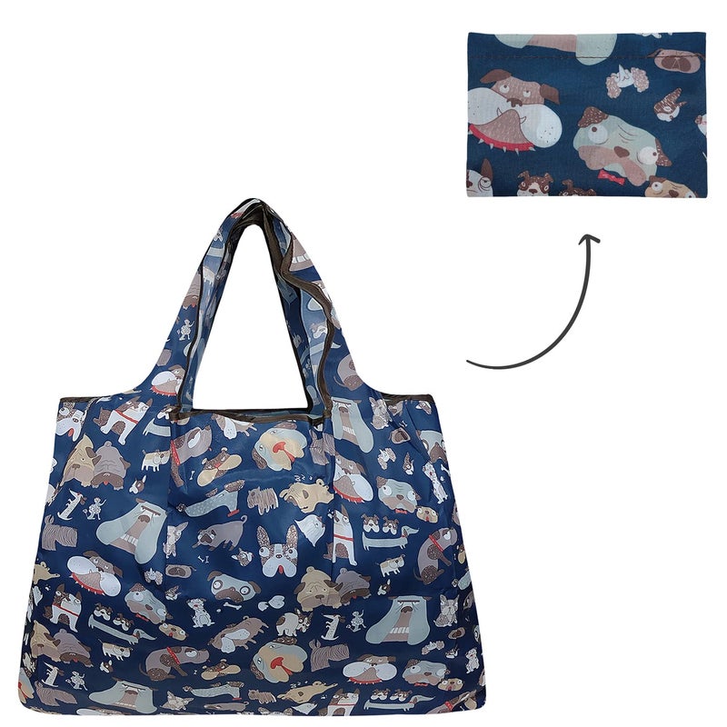 allydrew Large Foldable Tote Nylon Reusable Grocery Bag, Navy Dogs - Image 4